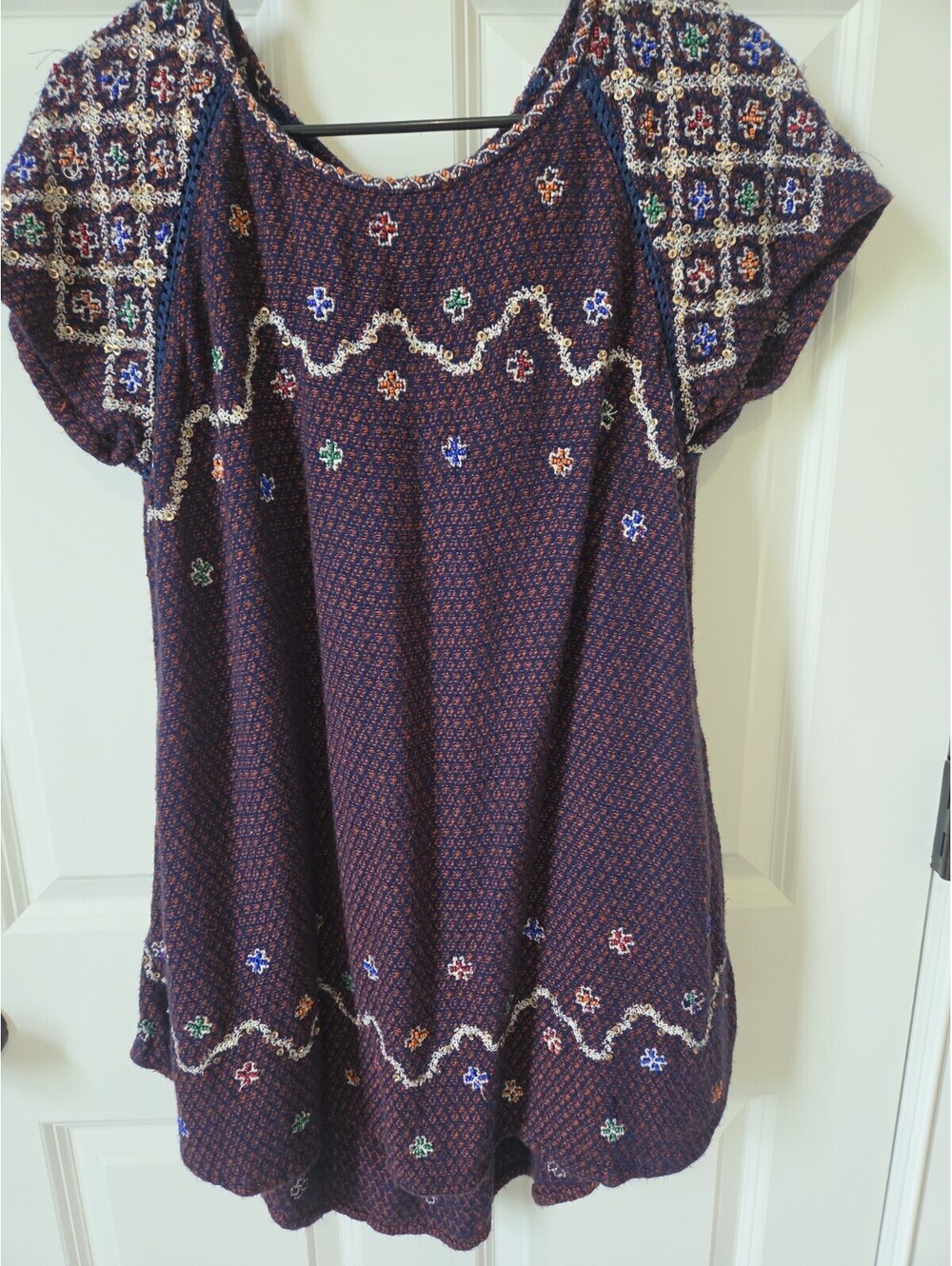 Free People Beaded Sequin Marled Knit Tunic Top Navy Blue‎ Orange Boho Womens S
